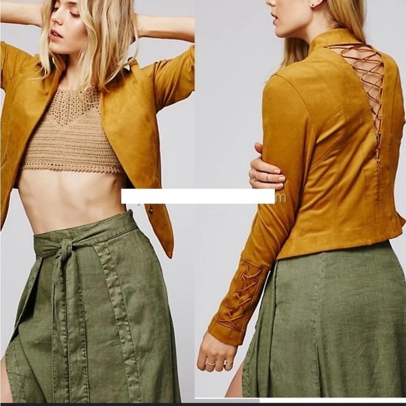 FREE PEOPLE Soft Faux Suede Camel Lace Up Blazer Semi Crop Jacket Lace Up Sleeve